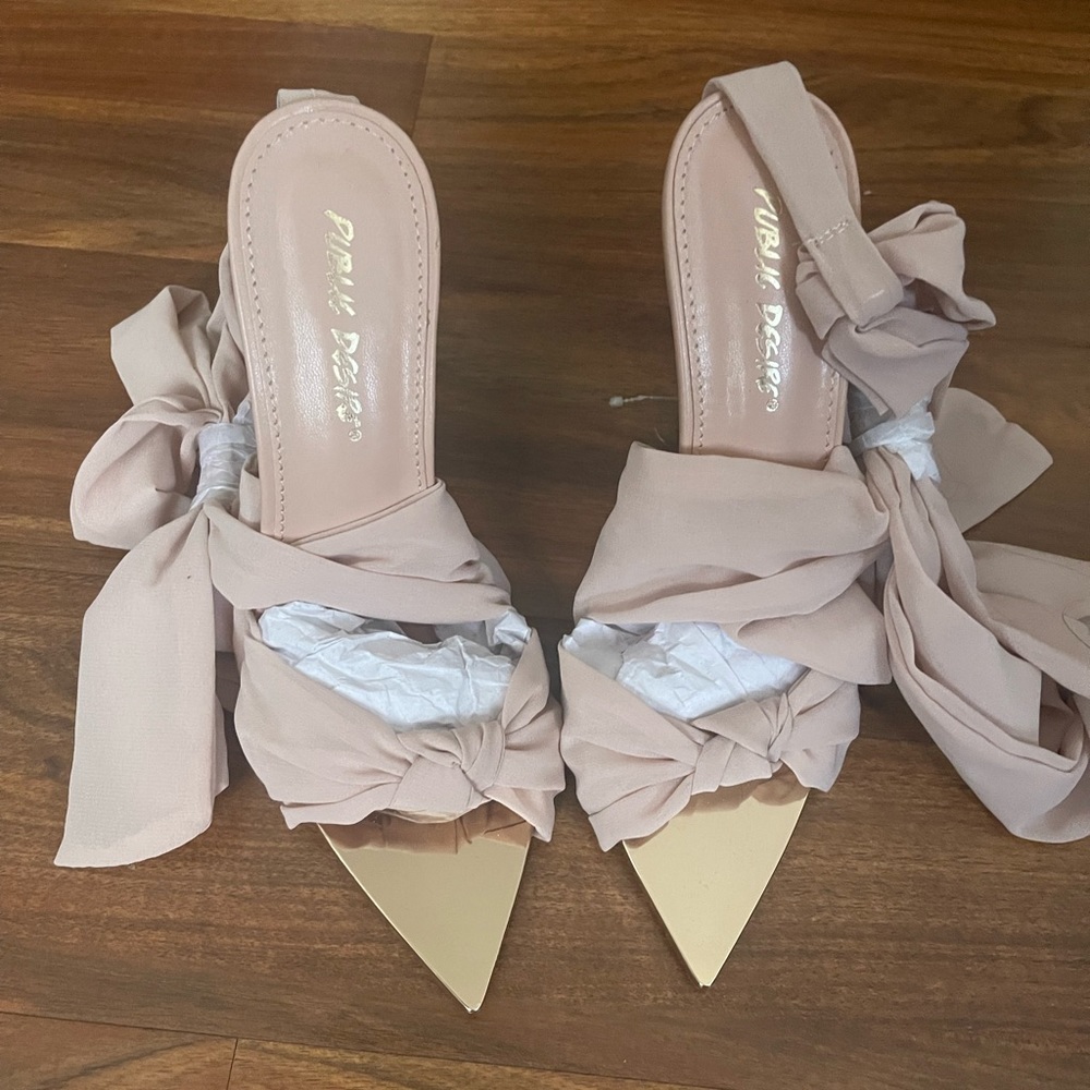 Public Desire Huni ribbon tie up gold stiletto heel sandals beige - Picture 2 of 3